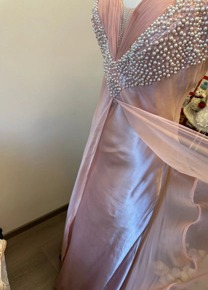 Gorgeous Pink Long Prom Dress Sweetheart A-Line Evening Dress Beaded Satin Sleeveless Birthday Dress ED06581