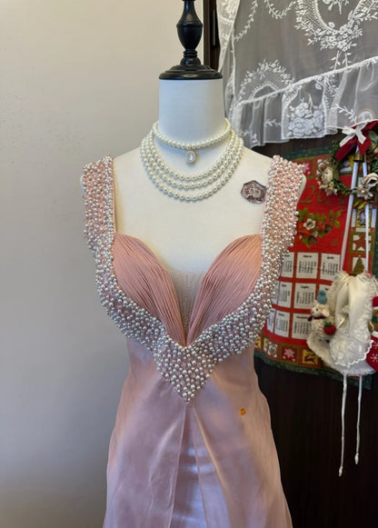 Gorgeous Pink Long Prom Dress Sweetheart A-Line Evening Dress Beaded Satin Sleeveless Birthday Dress ED06581