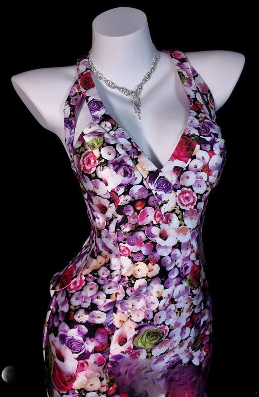 Chic Floral Long Prom Dress Halter Mermaid Evening Dress Satin Sleeveless Birthday Dress ED06585