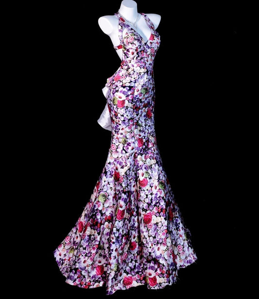 Chic Floral Long Prom Dress Halter Mermaid Evening Dress Satin Sleeveless Birthday Dress ED06585