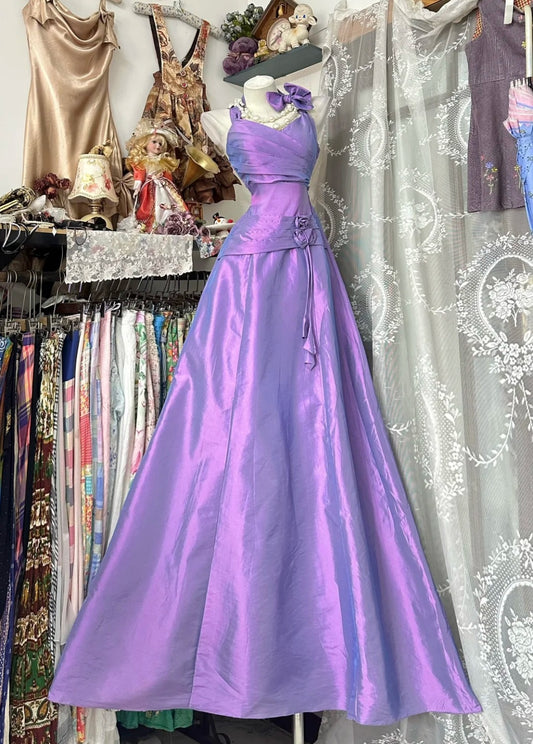 Cute Purple Long Prom Dress Halter A-Line Evening Dress Satin Sleeveless Birthday Dress ED06586