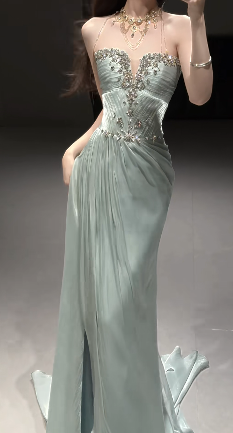Fashion Mint Green Long Prom Dress Strapless Sheath Evening Dress Organza Satin Sleeveless Birthday Dress ED06587
