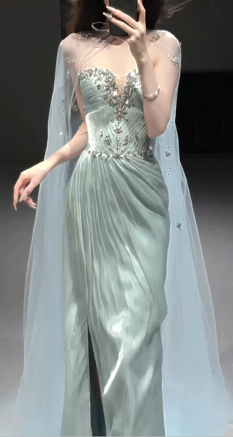 Fashion Mint Green Long Prom Dress Strapless Sheath Evening Dress Organza Satin Sleeveless Birthday Dress ED06587