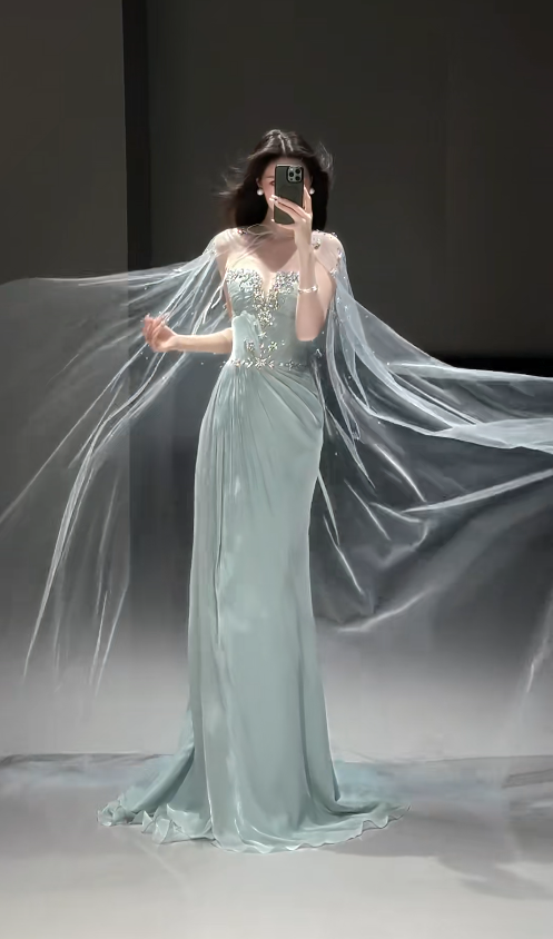Fashion Mint Green Long Prom Dress Strapless Sheath Evening Dress Organza Satin Sleeveless Birthday Dress ED06587