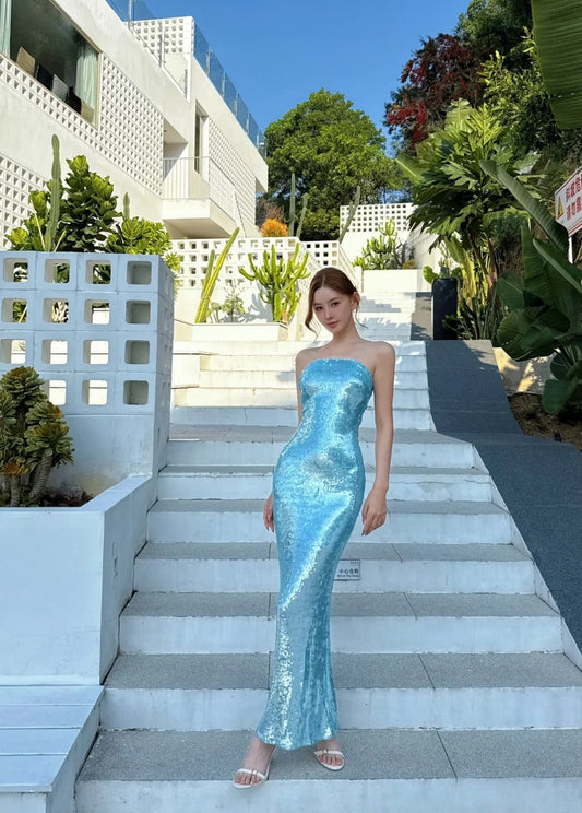 Sexy Blue Long Prom Dress Strapless Sheath Evening Dress Sequins Sleeveless Birthday Dress ED06588