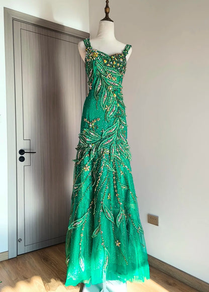Vintage Green Long Prom Dress Beaded Straps Sheath Evening Dress Tulle Appliques Sleeveless Birthday Dress ED06589