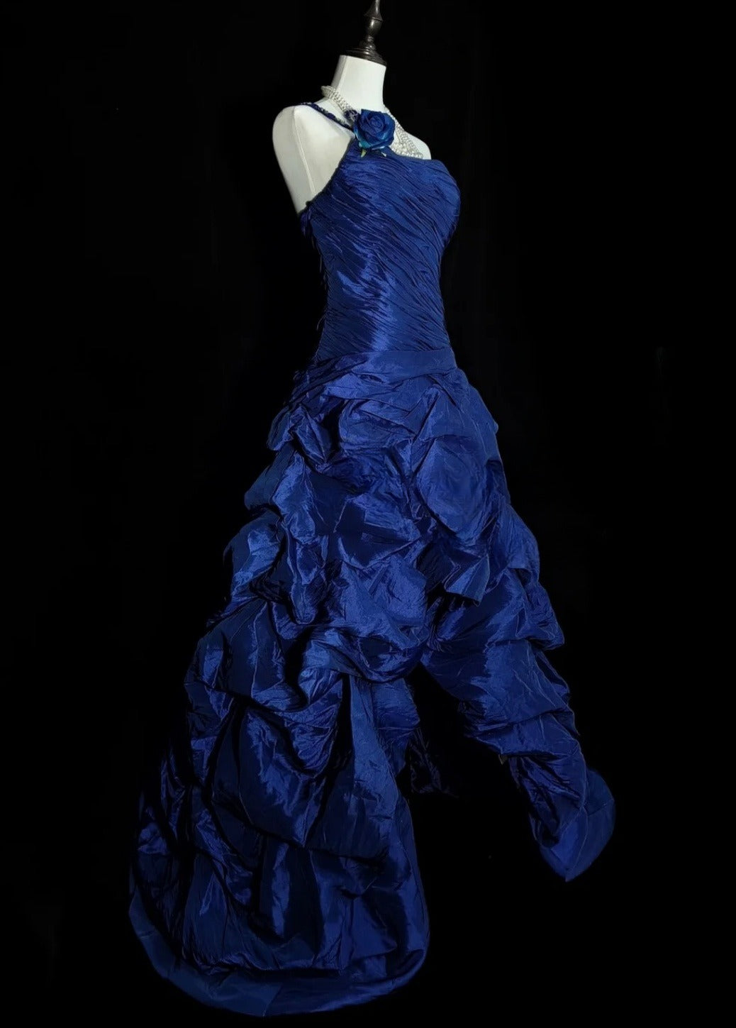 Chic Blue Long Prom Dress Satin One-shoulder A-Line Evening Dress Sleeveless Birthday Dress ED06591