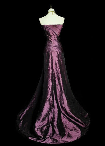Chic Purple Long Prom Dress Satin Strapless Sheath Evening Dress Sleeveless Birthday Dress ED06592