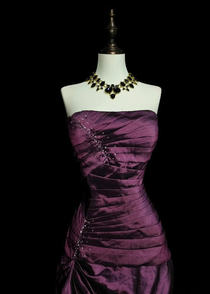 Chic Purple Long Prom Dress Satin Strapless Sheath Evening Dress Sleeveless Birthday Dress ED06592