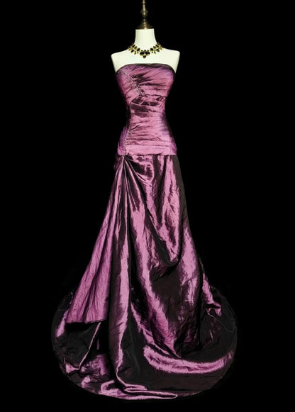 Chic Purple Long Prom Dress Satin Strapless Sheath Evening Dress Sleeveless Birthday Dress ED06592