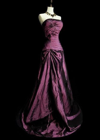 Chic Purple Long Prom Dress Satin Strapless Sheath Evening Dress Sleeveless Birthday Dress ED06592