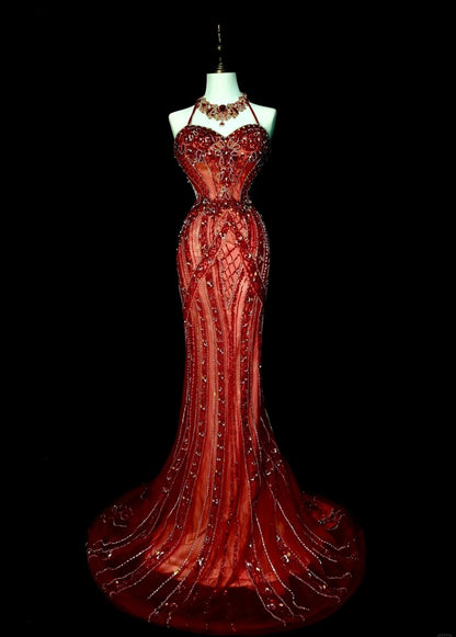 Chic Burgundy Long Prom Dress Tulle Halter Mermaid Evening Dress Sleeveless Birthday Dress ED06593
