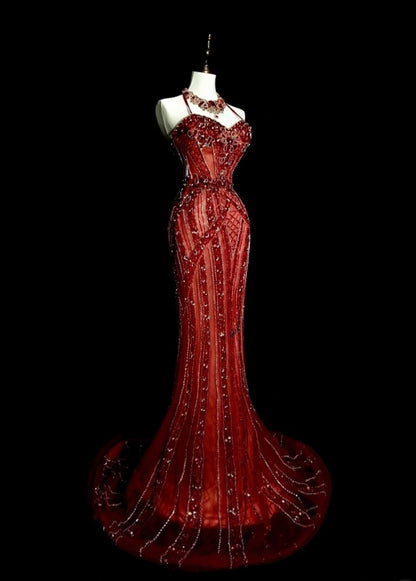 Chic Burgundy Long Prom Dress Tulle Halter Mermaid Evening Dress Sleeveless Birthday Dress ED06593