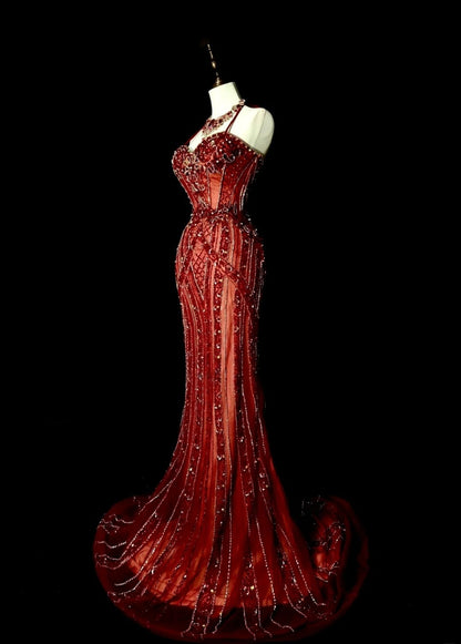 Chic Burgundy Long Prom Dress Tulle Halter Mermaid Evening Dress Sleeveless Birthday Dress ED06593