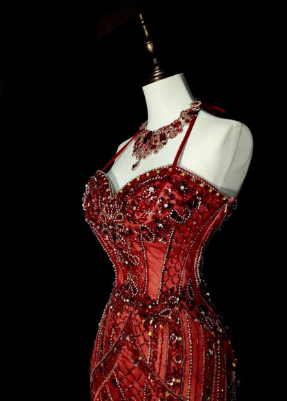 Chic Burgundy Long Prom Dress Tulle Halter Mermaid Evening Dress Sleeveless Birthday Dress ED06593