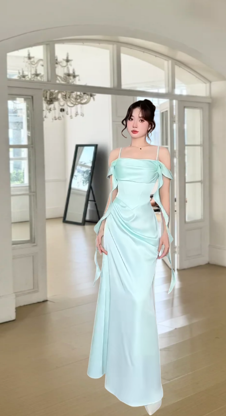 Chic Mint Green Long Prom Dress Satin Spaghetti Straps Sheath Evening Dress Sleeveless Wedding Guest Dress ED06594