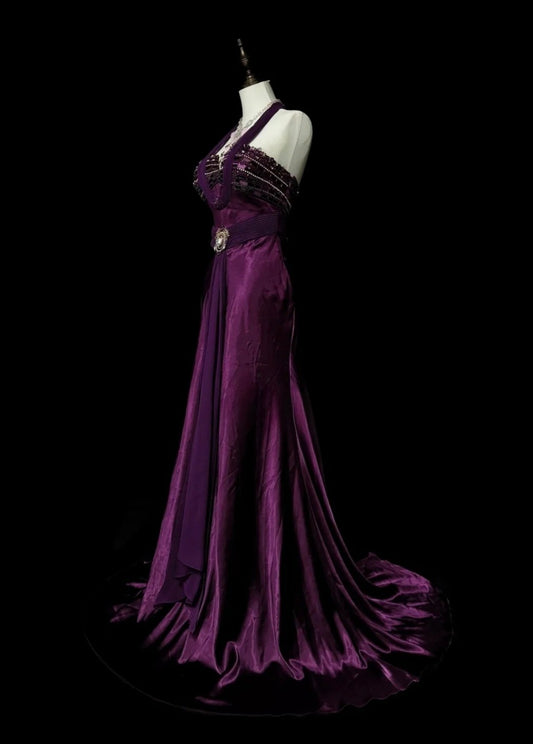 Chic Purple Long Prom Dress Satin Halter Sheath Evening Dress Sleeveless Wedding Guest Dress ED06595