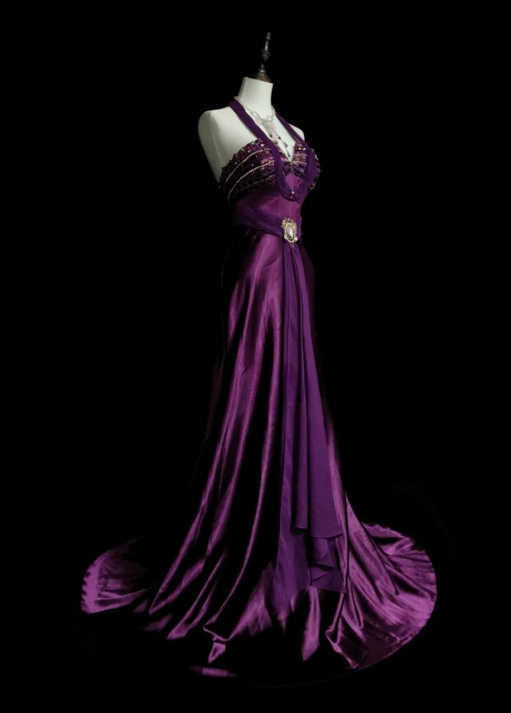 Chic Purple Long Prom Dress Satin Halter Sheath Evening Dress Sleeveless Wedding Guest Dress ED06595