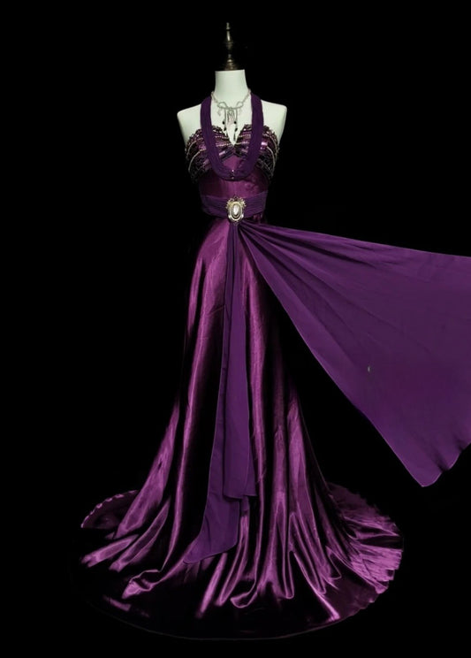 Chic Purple Long Prom Dress Satin Halter Sheath Evening Dress Sleeveless Wedding Guest Dress ED06595
