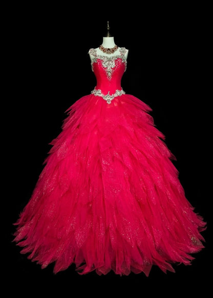 Gorgeous A-Line Long Prom Dress Straps Tulle Hot Pink Birthday Dress Beaded Sleeveless Sweet 16 Dress ED06599