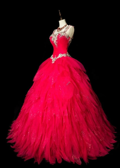 Gorgeous A-Line Long Prom Dress Straps Tulle Hot Pink Birthday Dress Beaded Sleeveless Sweet 16 Dress ED06599