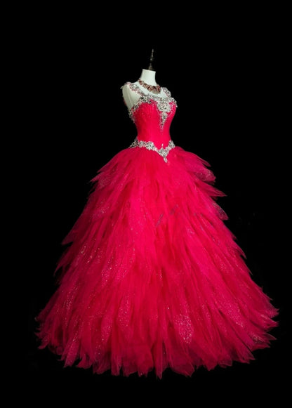 Gorgeous A-Line Long Prom Dress Straps Tulle Hot Pink Birthday Dress Beaded Sleeveless Sweet 16 Dress ED06599