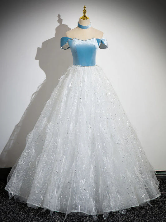Robe de bal longue trapèze en tulle et dentelle blanche/bleue, robe de soirée longue blanche/bleue ED066