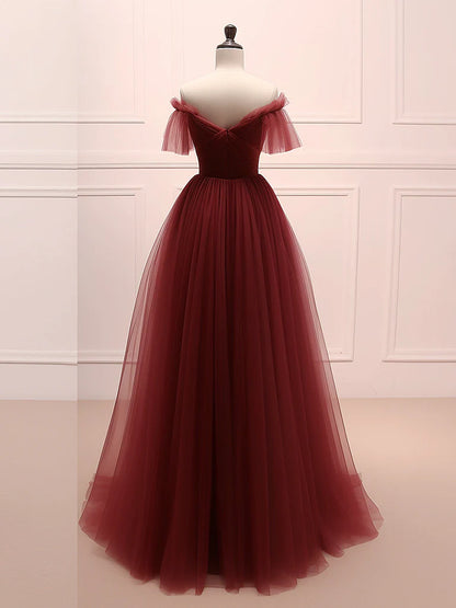 A-Linie Burgunder Tüll Langes Ballkleid, Burgunder Langes Abendkleid ED0660