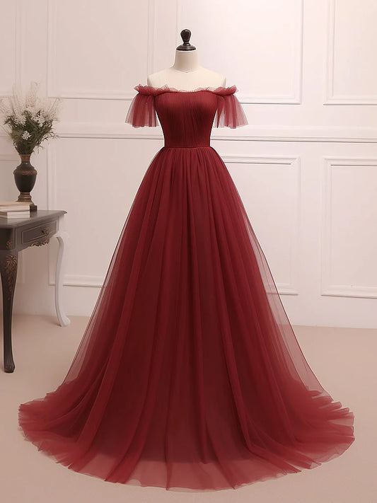 Robe de bal longue en tulle bordeaux coupe trapèze, robe de soirée longue bordeaux ED0660