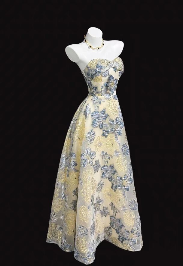 Gorgeous A-Line Long Prom Dress Tulle Yellow Birthday Dress Jacquard Sleeveless Evening Dress ED06601