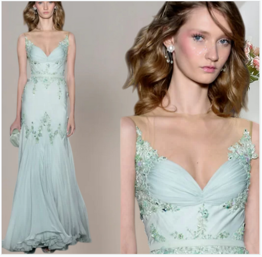 Gorgeous Sheath Long Prom Dress Chiffon Spaghetti Straps Tiffany Blue Birthday Dress Beaded Sleeveless Evening Dress ED06602