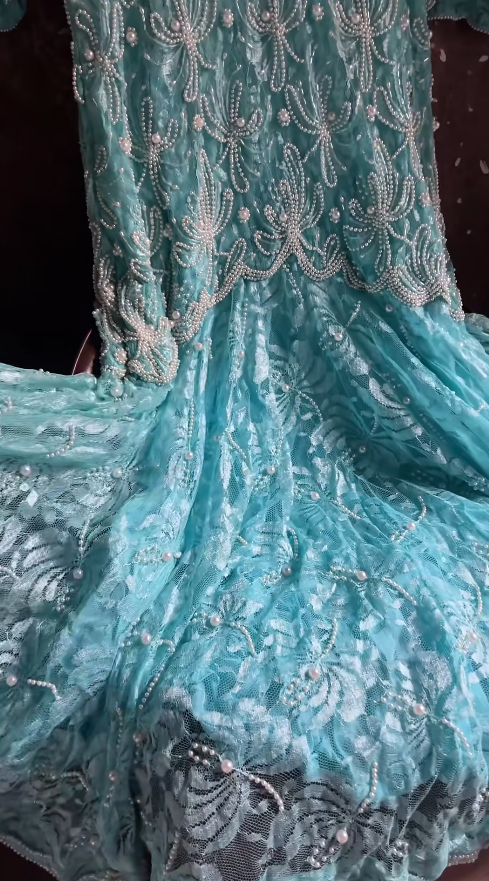 Fairy Blue Long Prom Dress V-Neck Mermaid Evening Dress Lace Beaded Birthday Dress ED06604