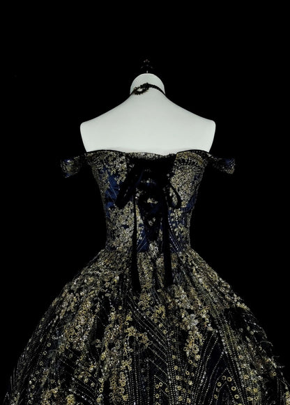 Gorgeous Navy Blue Long Prom Dress Off-shoulder A-Line Long Evening Dress Beaded Appliques Birthday Dress ED06607