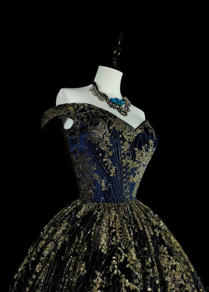 Gorgeous Navy Blue Long Prom Dress Off-shoulder A-Line Long Evening Dress Beaded Appliques Birthday Dress ED06607