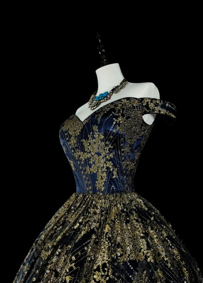 Gorgeous Navy Blue Long Prom Dress Off-shoulder A-Line Long Evening Dress Beaded Appliques Birthday Dress ED06607