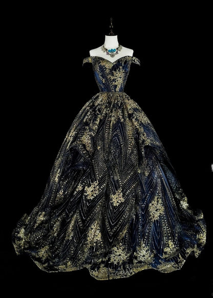 Gorgeous Navy Blue Long Prom Dress Off-shoulder A-Line Long Evening Dress Beaded Appliques Birthday Dress ED06607