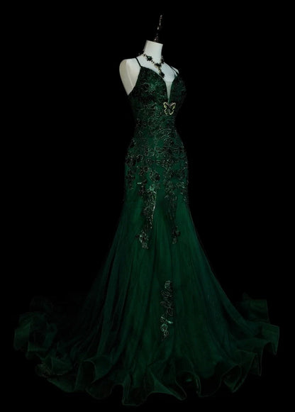 Gorgeous Dark Green Long Prom Dress Tulle Spaghetti Straps Sheath Long Evening Dress Appliques Sleeveless Birthday Dress ED06608