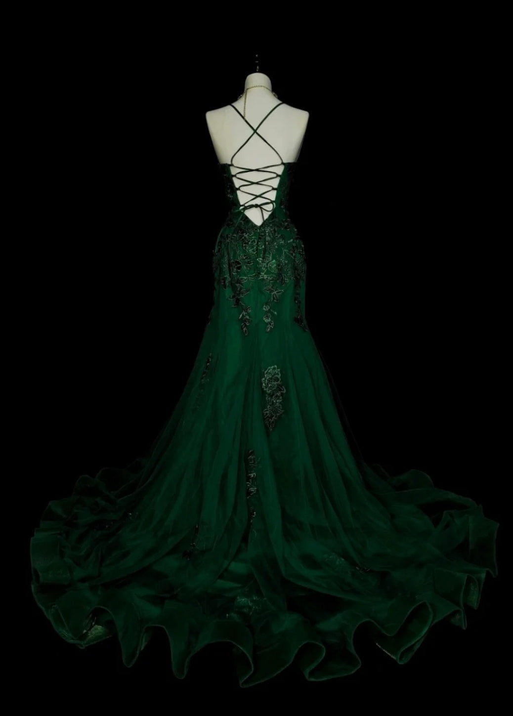 Gorgeous Dark Green Long Prom Dress Tulle Spaghetti Straps Sheath Long Evening Dress Appliques Sleeveless Birthday Dress ED06608