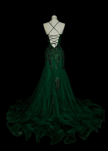 Gorgeous Dark Green Long Prom Dress Tulle Spaghetti Straps Sheath Long Evening Dress Appliques Sleeveless Birthday Dress ED06608