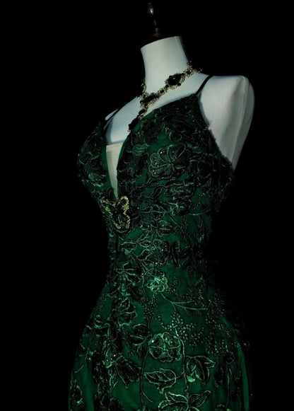 Gorgeous Dark Green Long Prom Dress Tulle Spaghetti Straps Sheath Long Evening Dress Appliques Sleeveless Birthday Dress ED06608