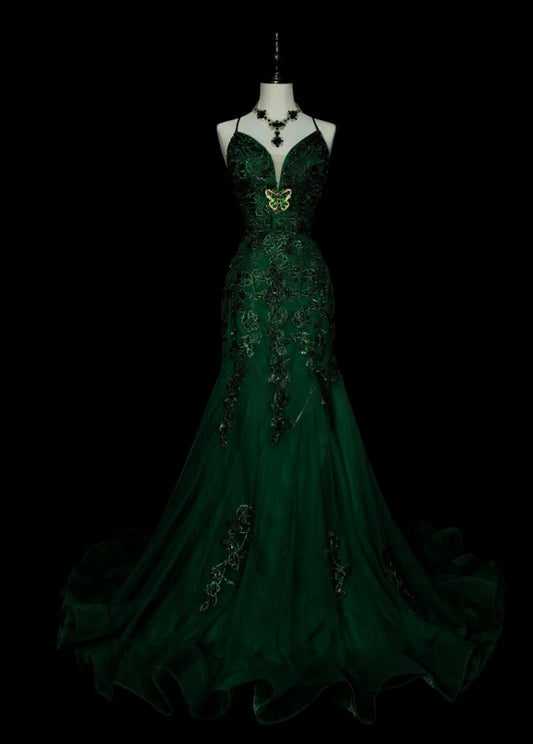 Gorgeous Dark Green Long Prom Dress Tulle Spaghetti Straps Sheath Long Evening Dress Appliques Sleeveless Birthday Dress ED06608