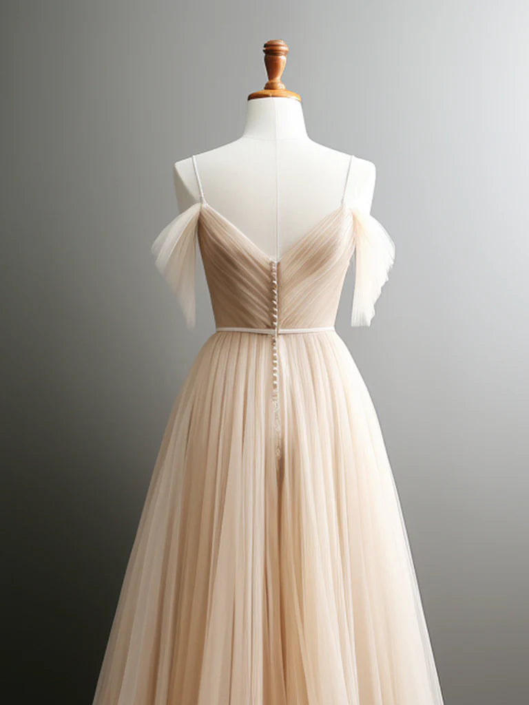A-Line Off Shoulder Champagne Tulle Long Prom Dress, Champagne Long Evening Dress ED0661