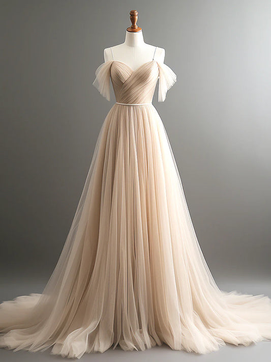 A-Line Off Shoulder Champagne Tulle Long Prom Dress, Champagne Long Evening Dress ED0661