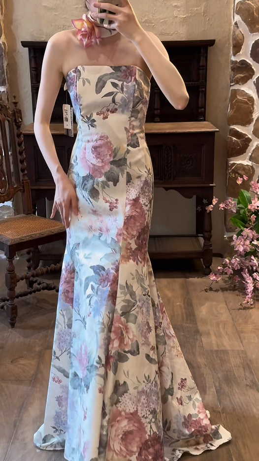 Gorgeous Floral Long Prom Dress Satin Strapless Mermaid Evening Dress Sleeveless Wedding Guest Dress ED06610