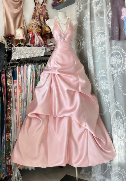 Gorgeous Light Champagne Long Prom Dress Satin Halter A-Line Evening Dress Sleeveless Birthday Dress ED06612