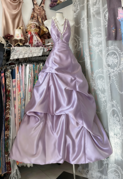 Gorgeous Light Champagne Long Prom Dress Satin Halter A-Line Evening Dress Sleeveless Birthday Dress ED06612