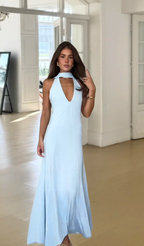 Chic Blue Wedding Guest Dress Chiffon V-Neck Sheath Evening Dress Sleeveless Birthday Dress ED06616