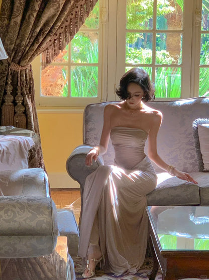 Chic Champagne Wedding Guest Dress Chiffon Spaghetti Straps Sheath Evening Dress Sleeveless Birthday Dress ED06617