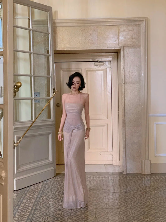 Chic Champagne Wedding Guest Dress Chiffon Spaghetti Straps Sheath Evening Dress Sleeveless Birthday Dress ED06617