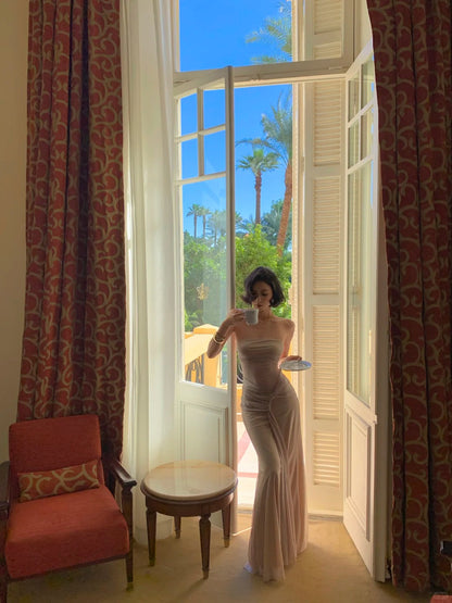 Chic Champagne Wedding Guest Dress Chiffon Spaghetti Straps Sheath Evening Dress Sleeveless Birthday Dress ED06617